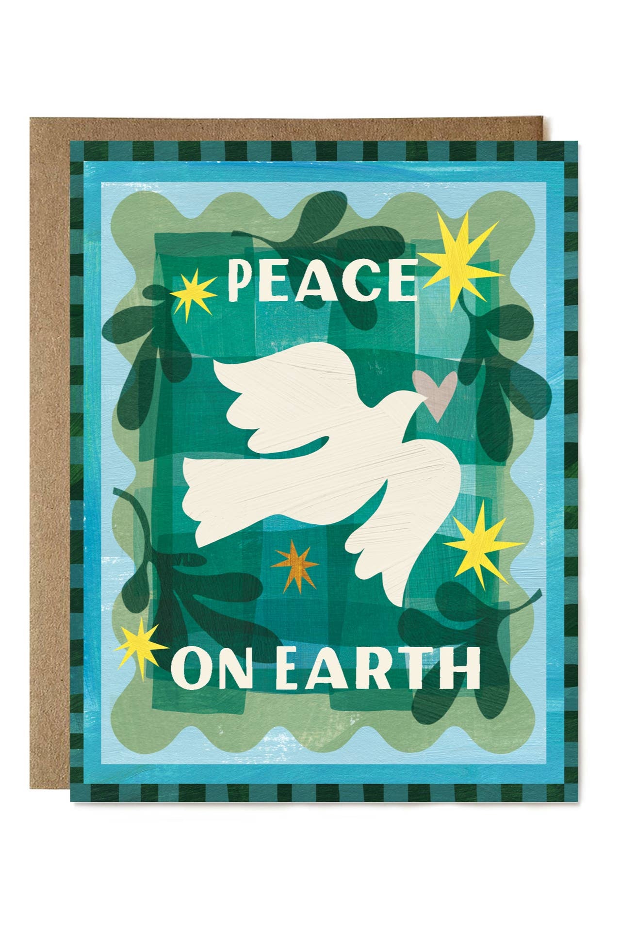 Greeting card with a dove and 'Peace on Earth' text on a blue background
