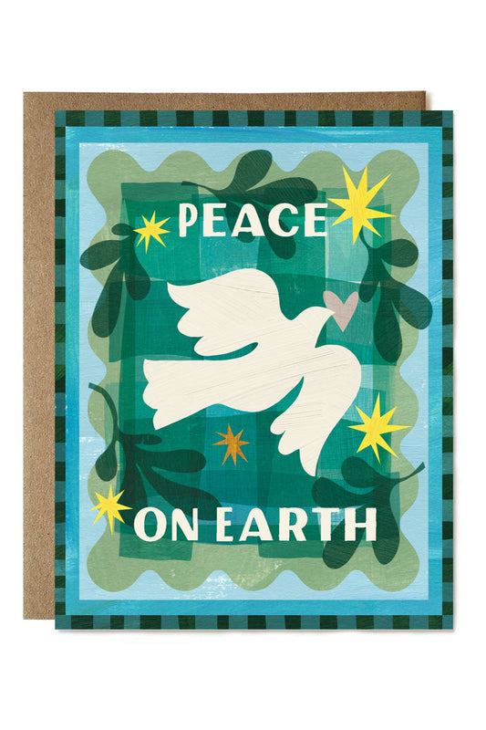 Greeting card with a dove and 'Peace on Earth' text on a blue background
