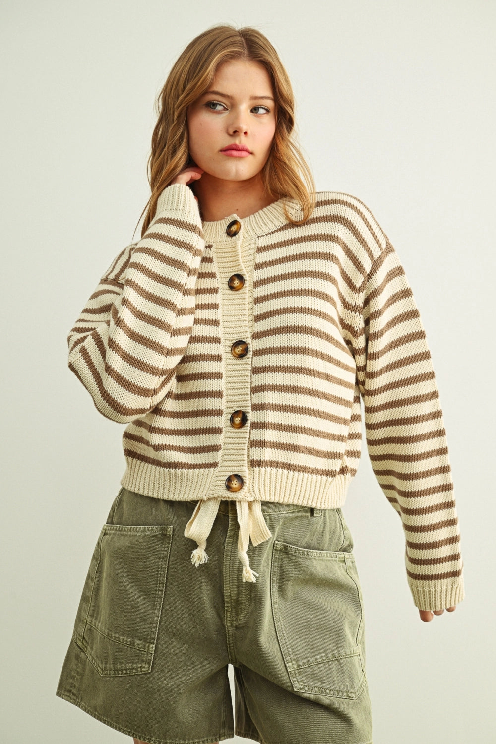 Cropped Stripe Cardigan | Mocha + White