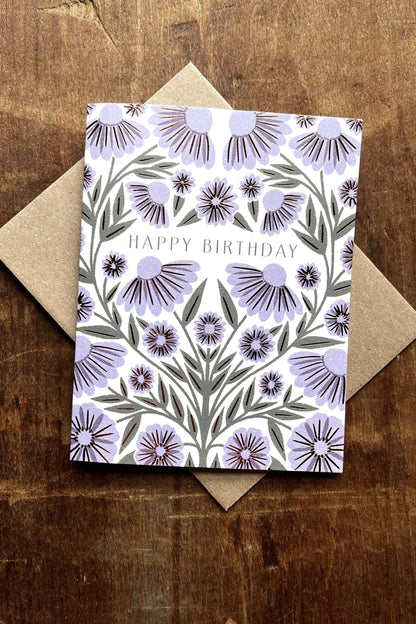 Purple Florals Happy Birthday Card