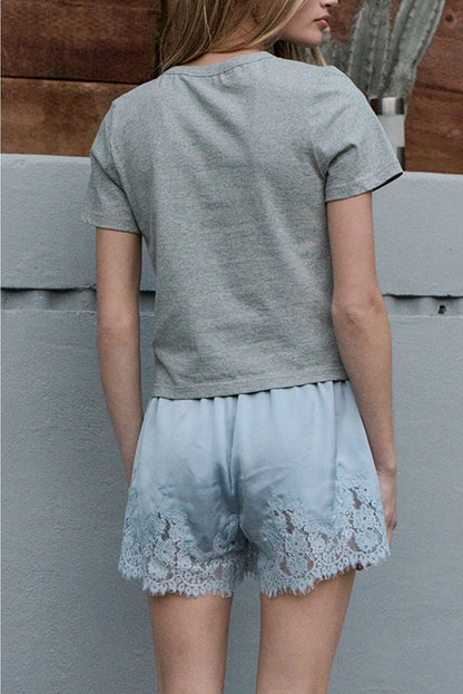 Lace Trim Satin Shorts | Blue