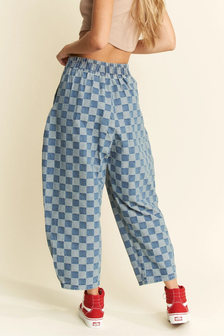 Denim Checkered Barrel Pants