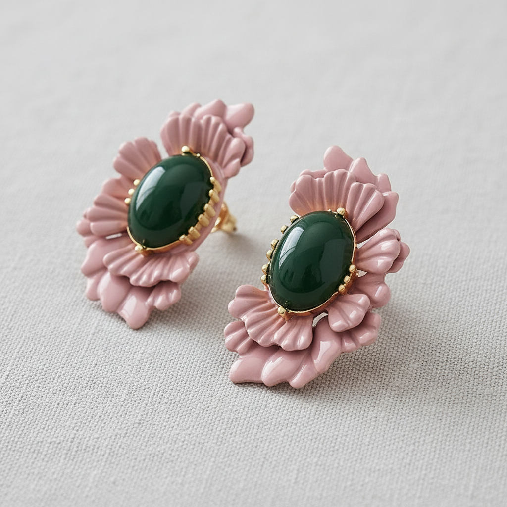 Pink + Green Flower Earrings