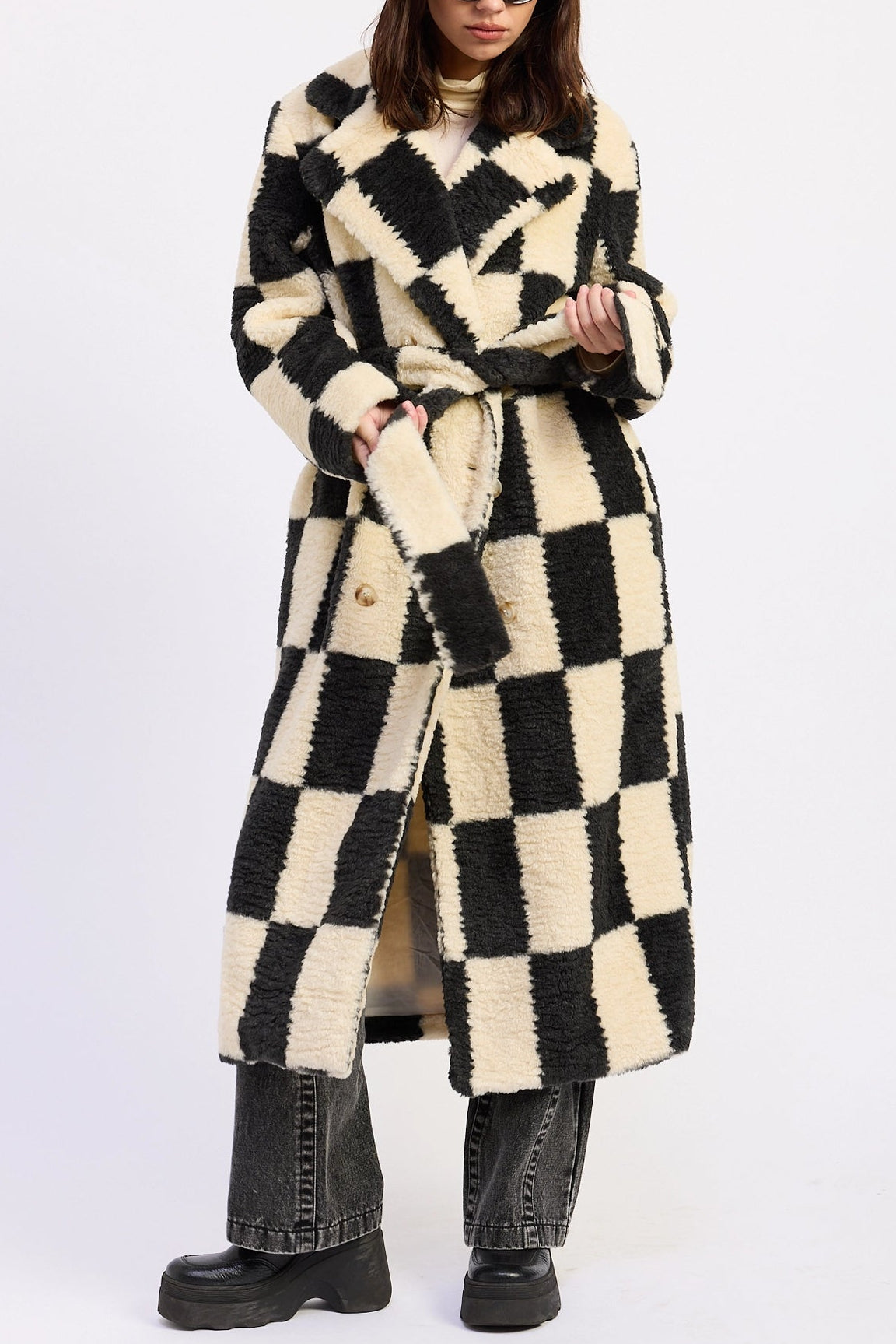 Checkered Faux Fur Coat