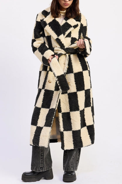 Checkered Faux Fur Coat