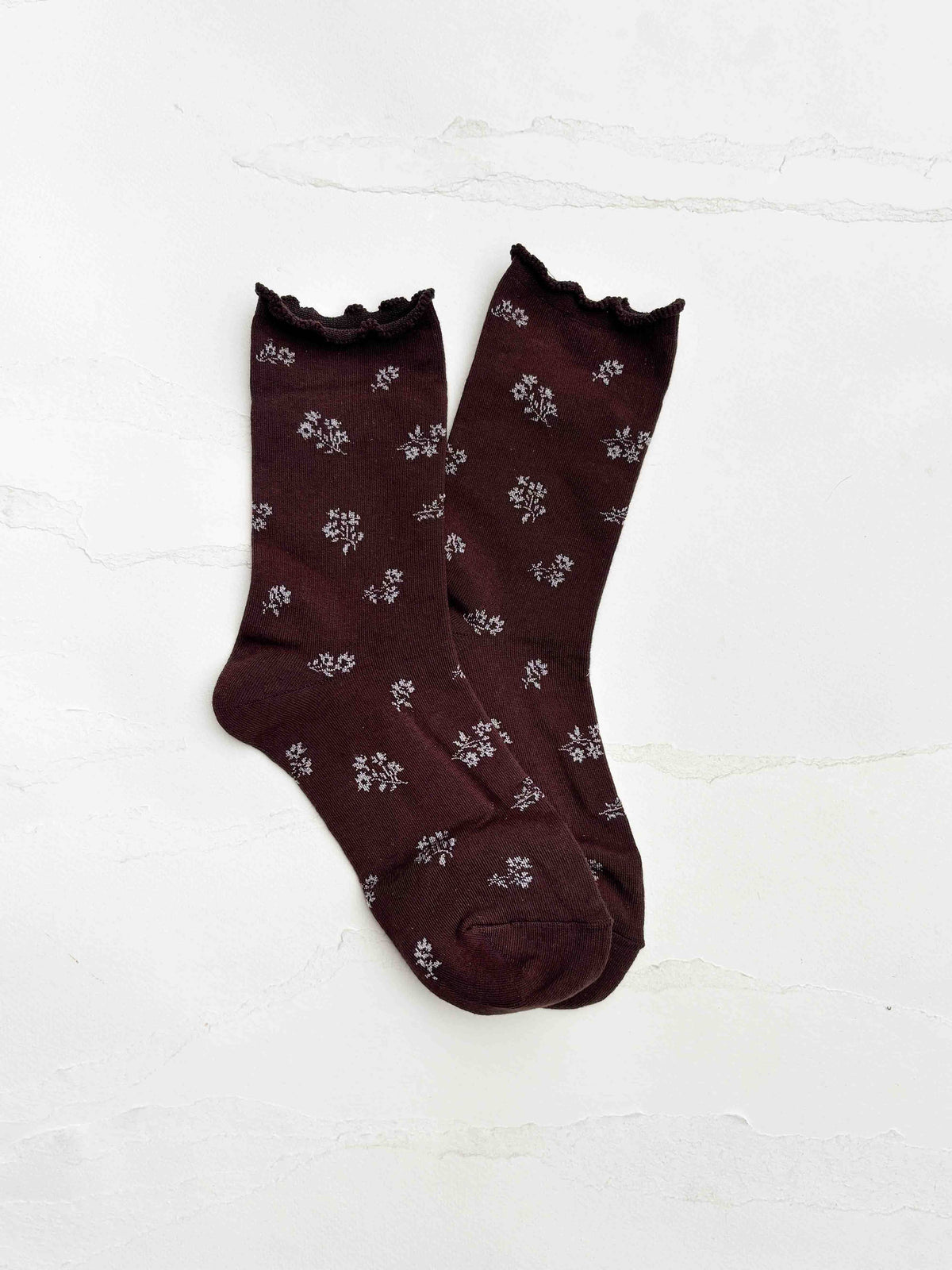 Tiny Floral Ruffle Socks | Brown
