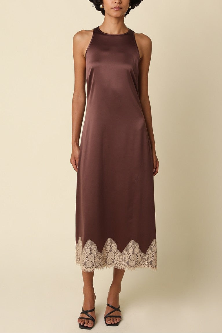 Woodrose Lace Trim Satin Dress