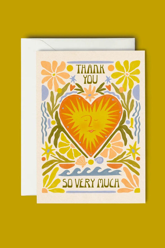 Greeting card with a heart design and 'Thank you so very much' text on a yellow background