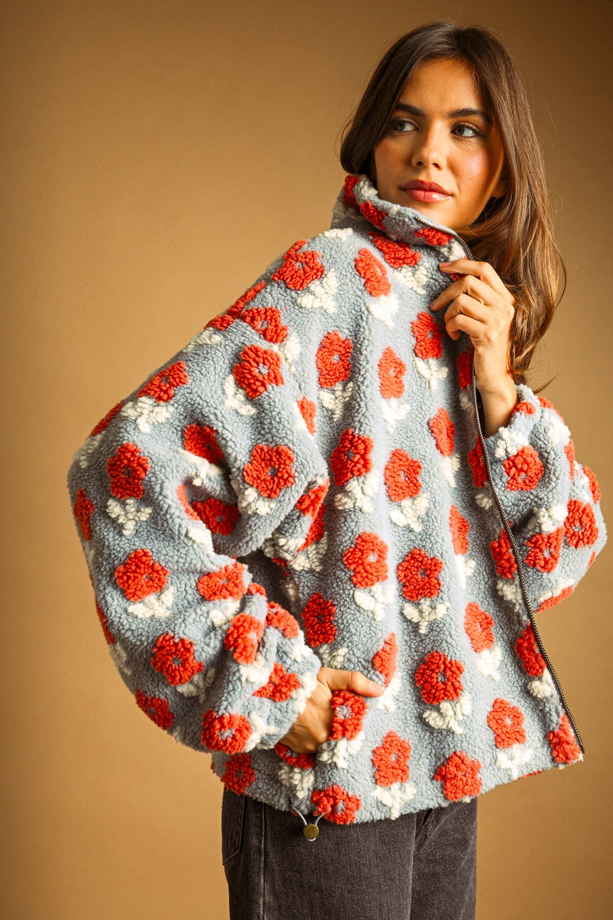 Rust Flower Sherpa Jacket