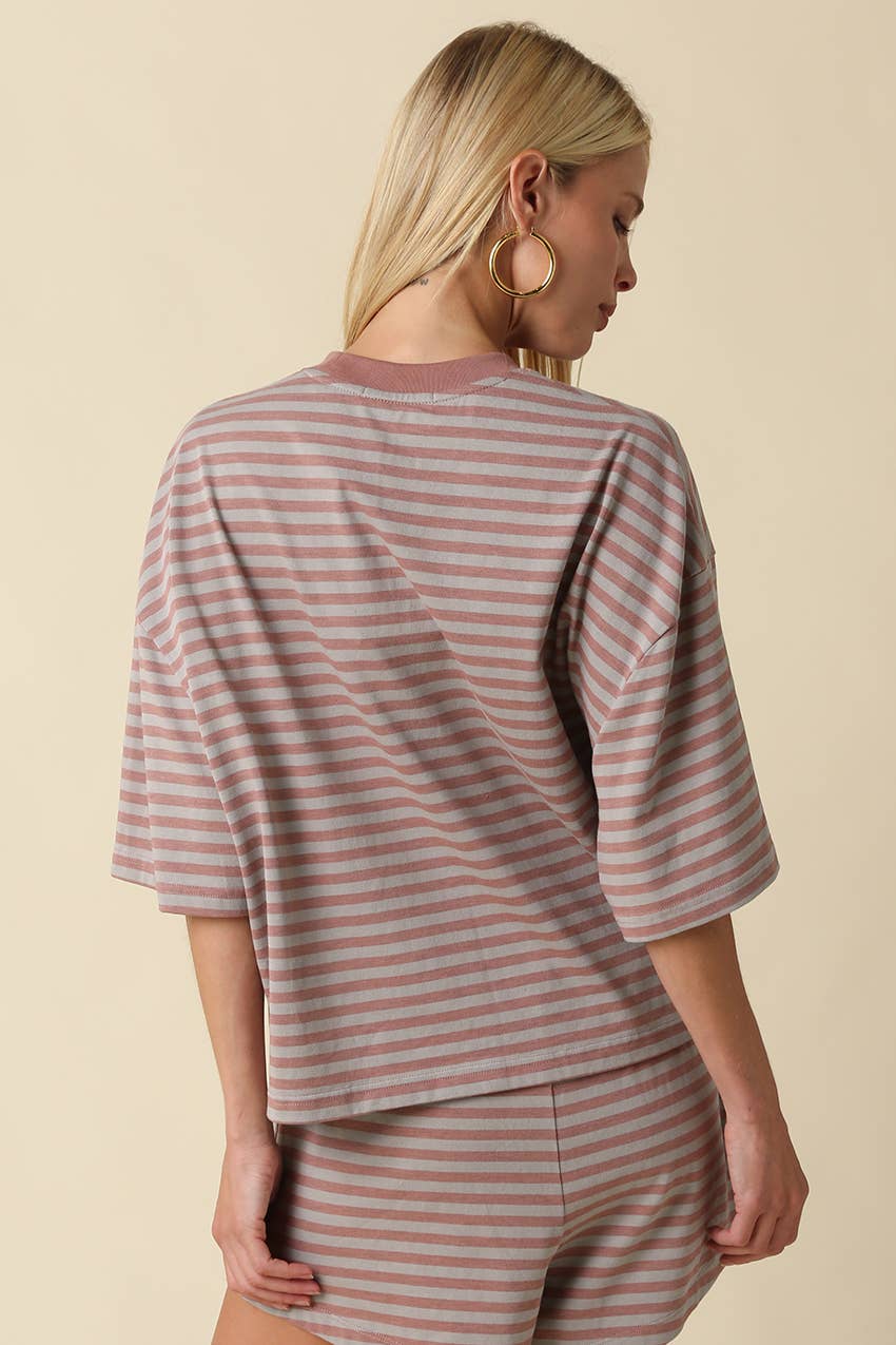 Lena Striped Relaxed Tee | Grey + Mauve