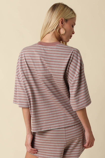 Lena Striped Relaxed Tee | Grey + Mauve