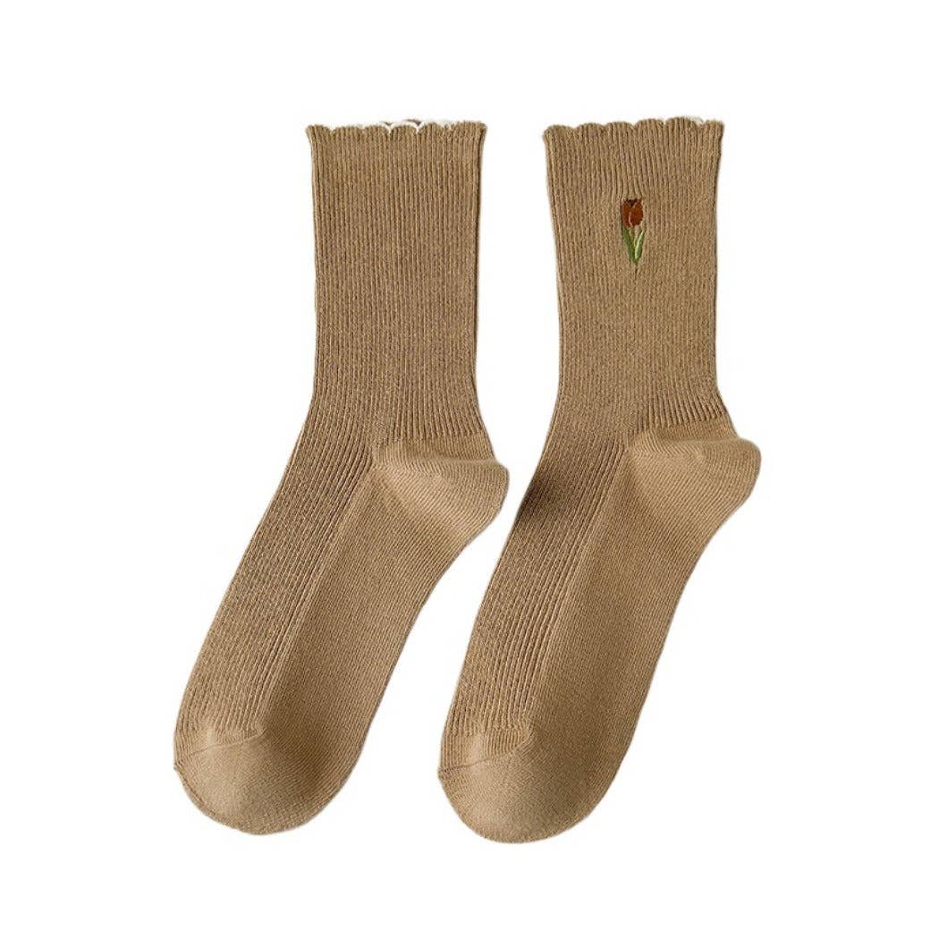 Floral Tulip Socks | Light Brown