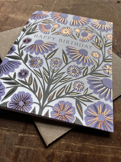 Purple Florals Happy Birthday Card