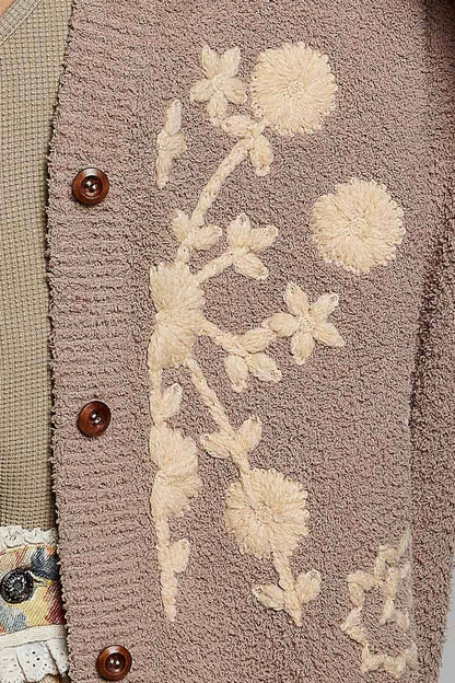 Vintage Floral Embroidered Cardigan | Latte