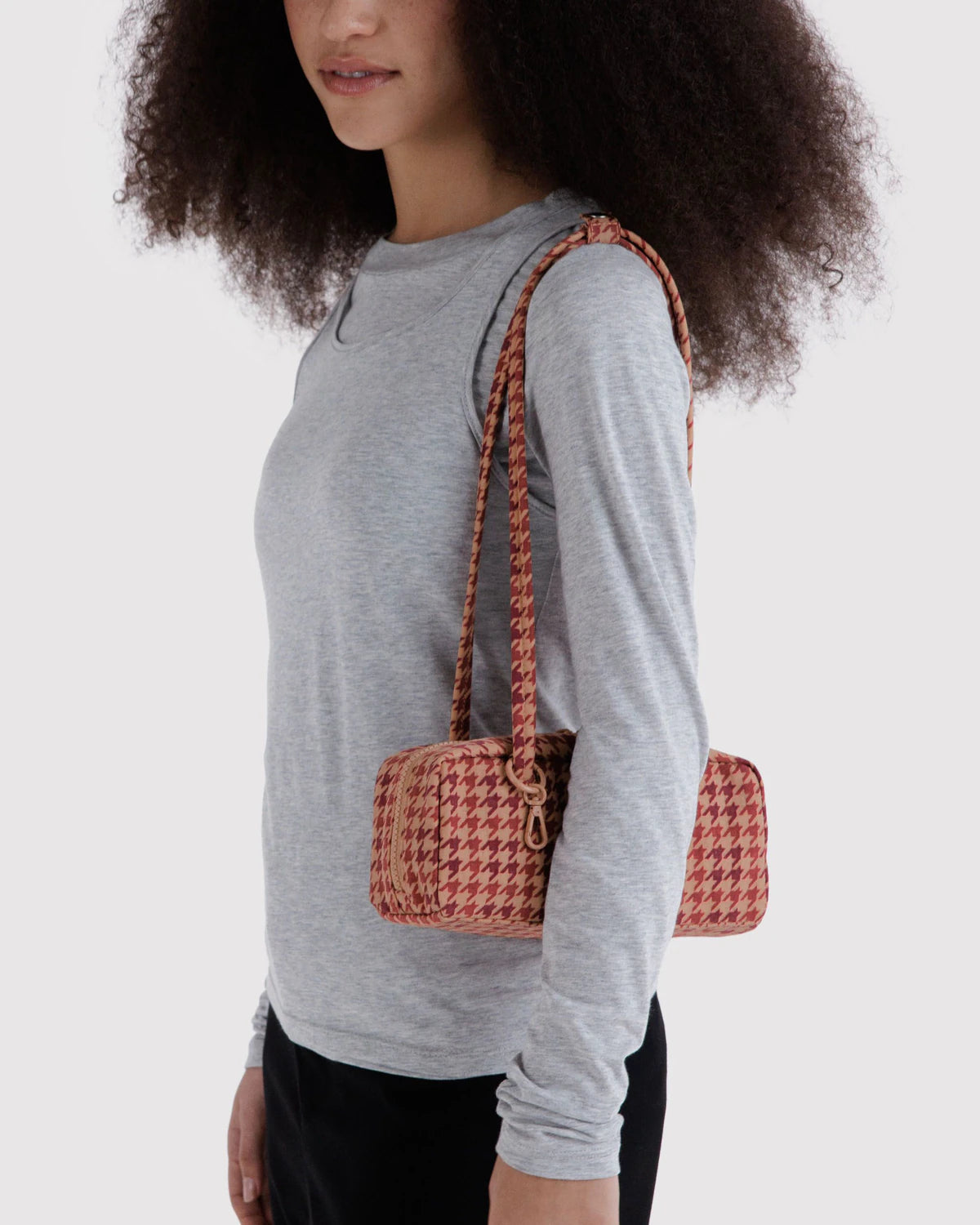 Small Nylon Bowler Bag | Tan Houndstooth
