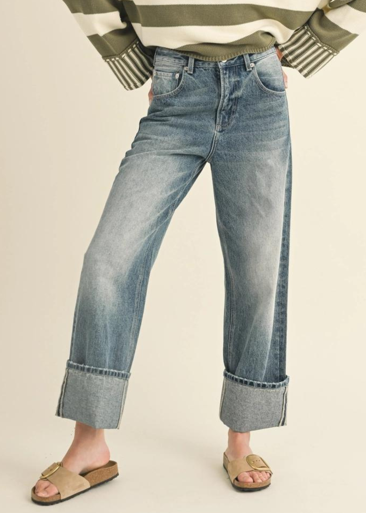 Straight Leg Cuffed Denim