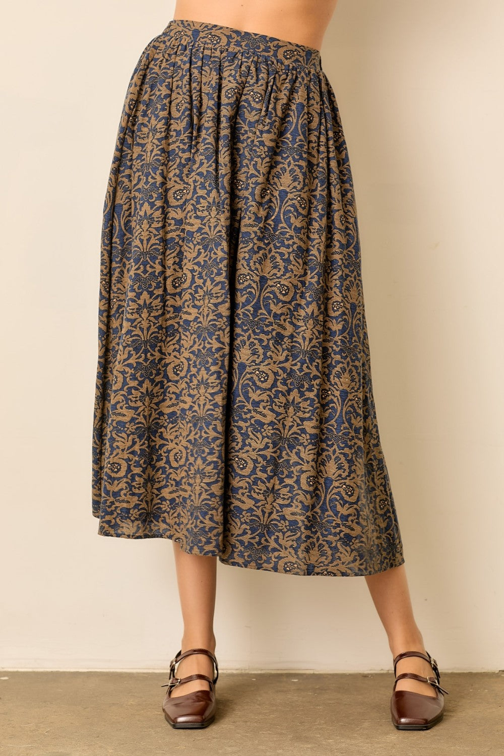 Navy Tapestry Midi Skirt