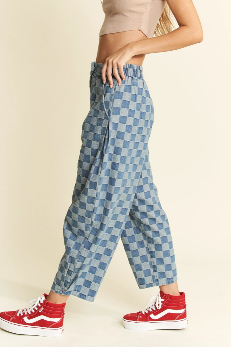 Denim Checkered Barrel Pants