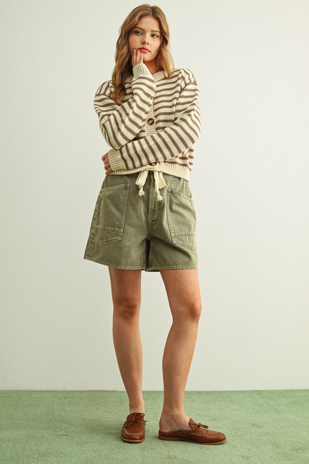 Cropped Stripe Cardigan | Mocha + White
