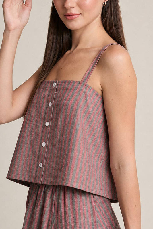 Striped Linen Button-Front Cami | Red