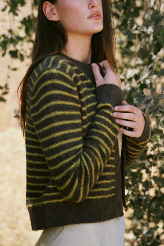 Cropped Stripe Button Front Cardigan | Chestnut