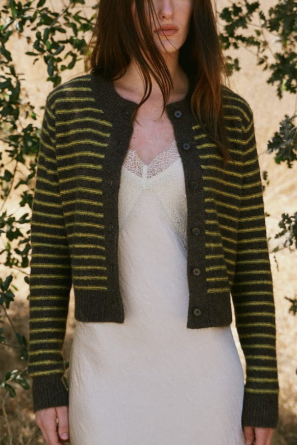 Cropped Stripe Button Front Cardigan | Chestnut