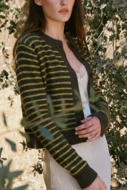 Cropped Stripe Button Front Cardigan | Chestnut