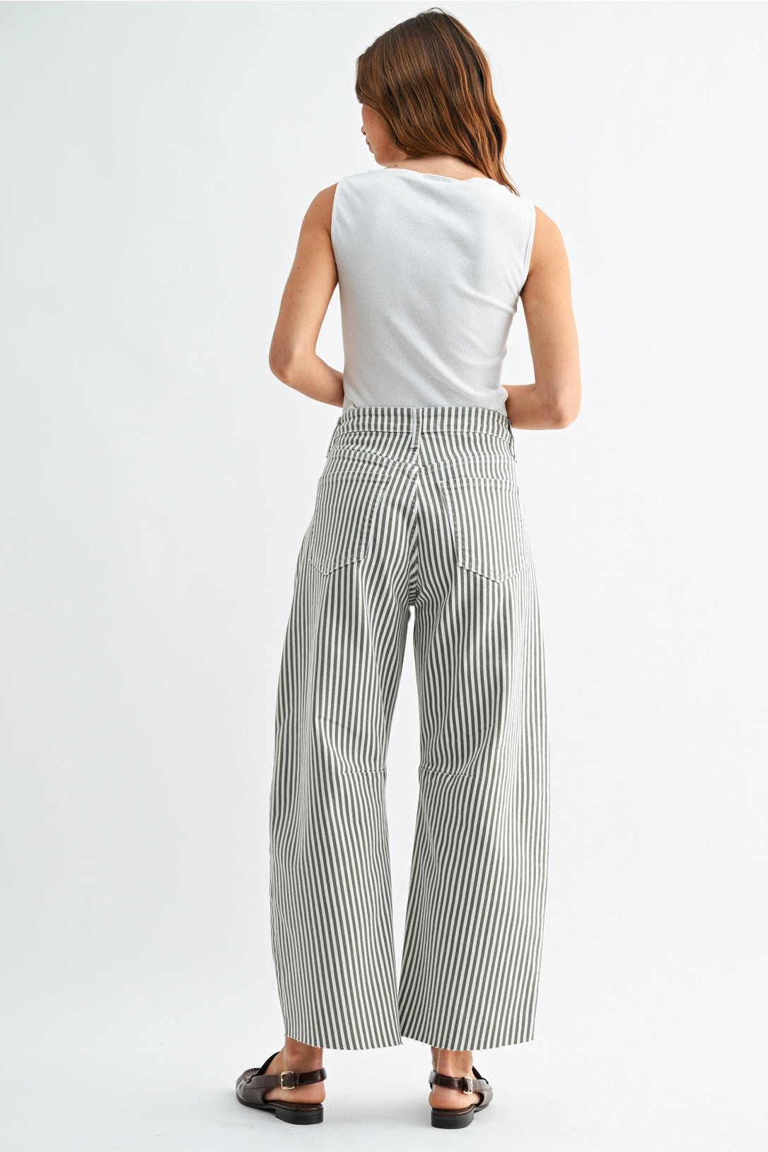 High Rise Barrel Leg Denim | Olive Stripe