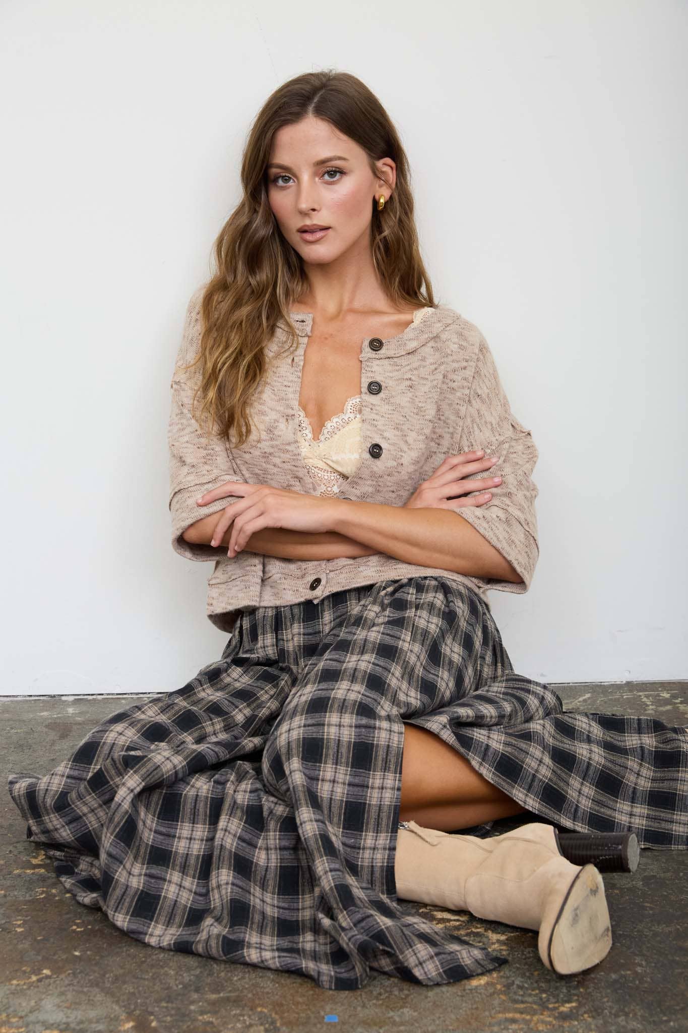 Pleated Plaid Midi Skirt | Black