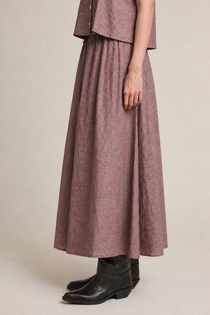 Striped Linen Midi Skirt | Red