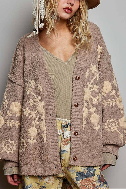 Vintage Floral Embroidered Cardigan | Latte