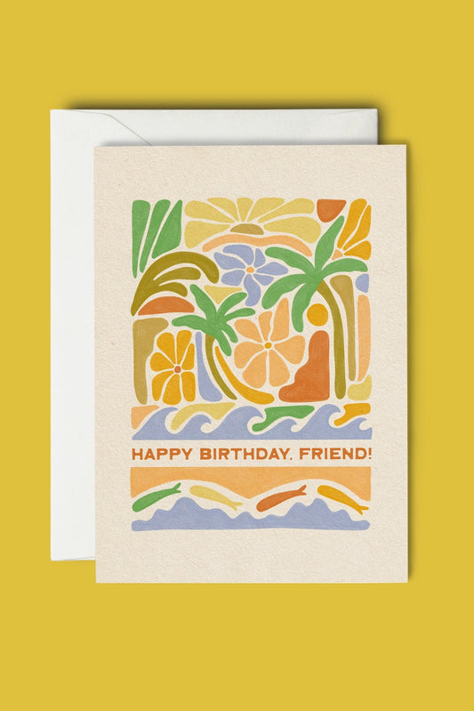 Greeting card with tropical design and 'Happy Birthday, Friend!' text on a yellow background