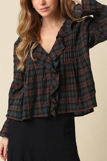 Lena Ruffle Plaid Blouse | Brown