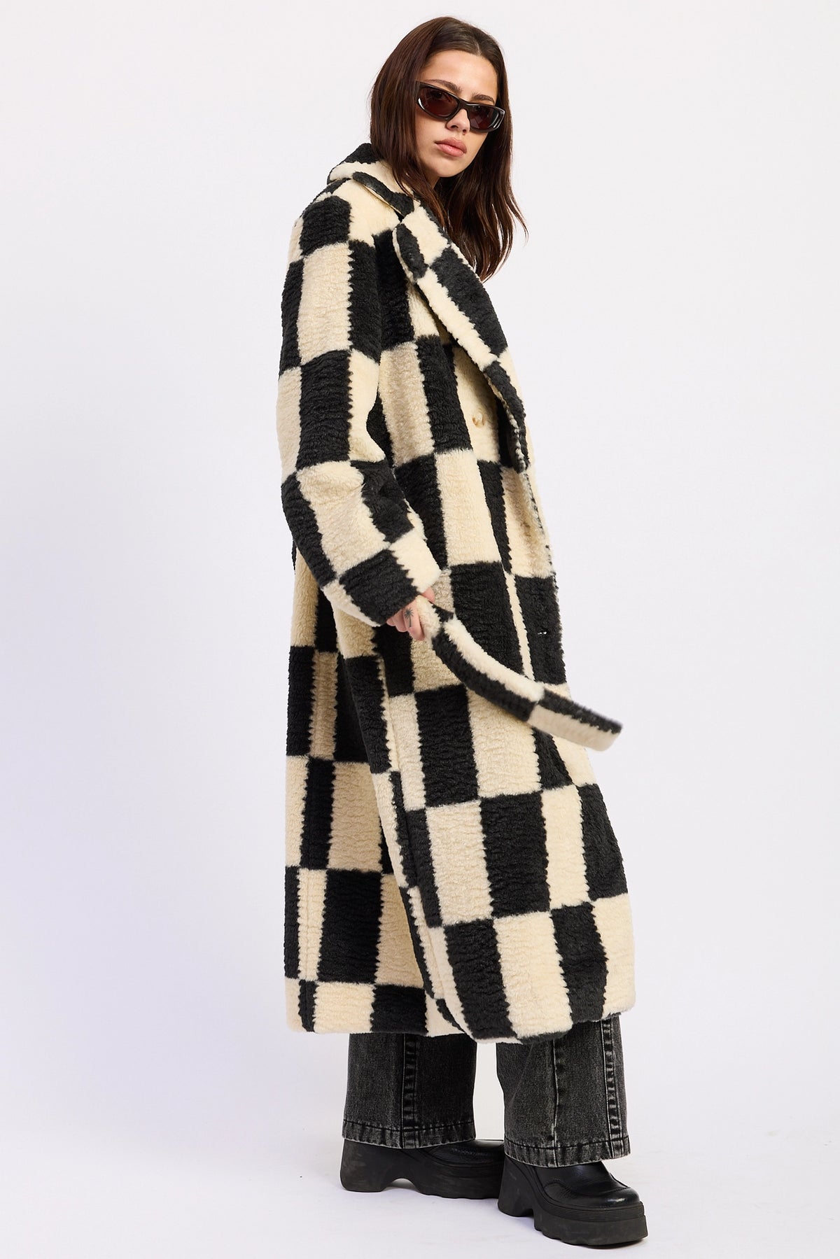 Checkered Faux Fur Coat