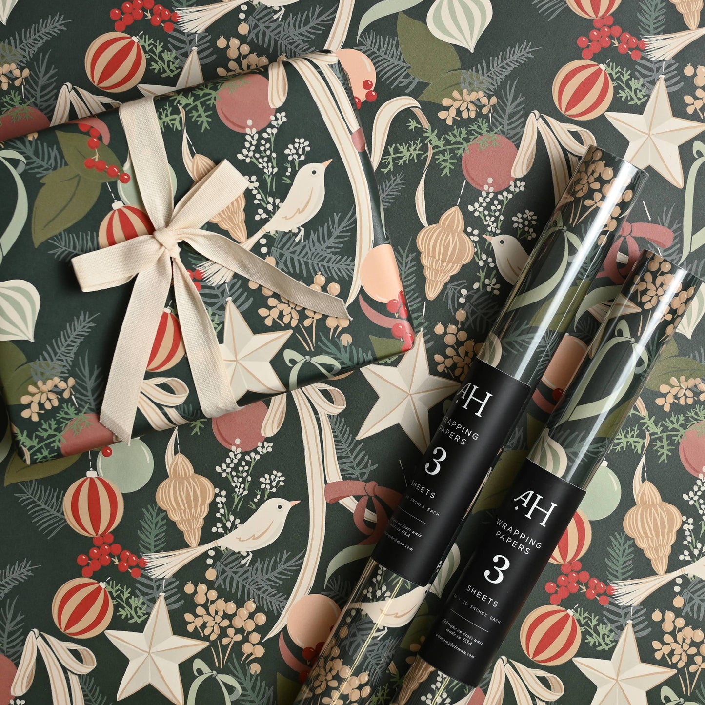 Ornaments and Bows Gift Wrap | Roll of 3 Sheets