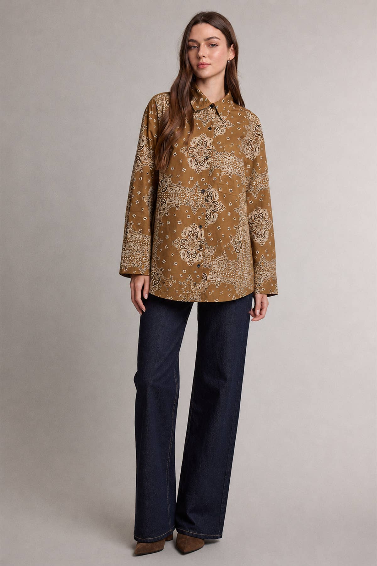 Golden Bandana Print Button-Up Shirt