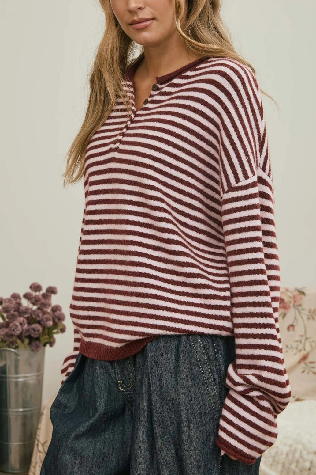 Piper Stripe Henley | Burgundy