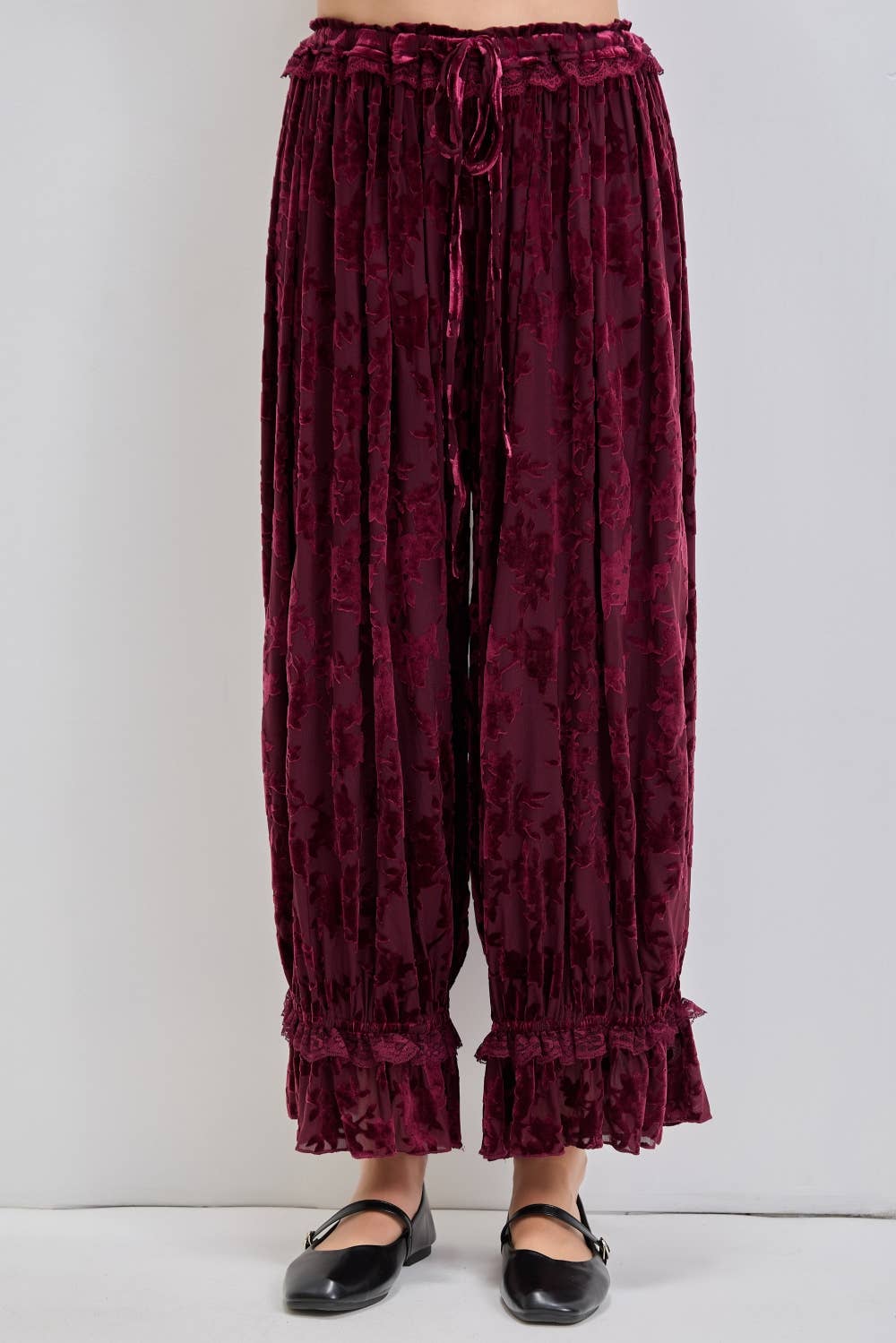 Burnout Velvet Lace Trim Pants | Burgundy