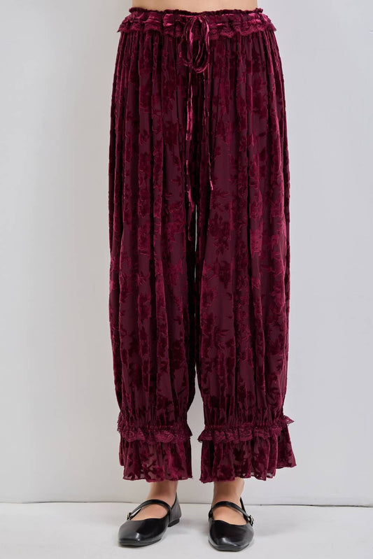 Burnout Velvet Lace Trim Pants | Burgundy