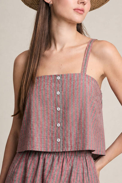 Striped Linen Button-Front Cami | Red