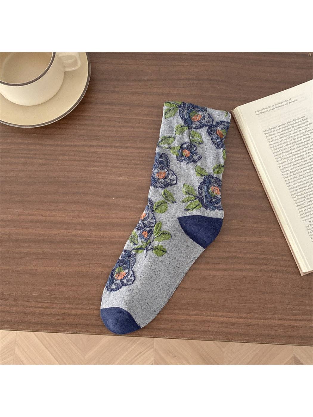 Rose Embroidered Crew Socks | Navy