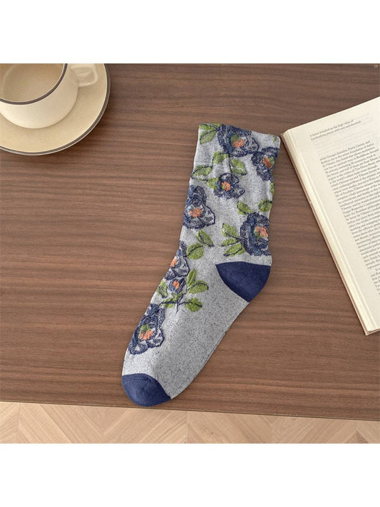 Rose Embroidered Crew Socks | Navy