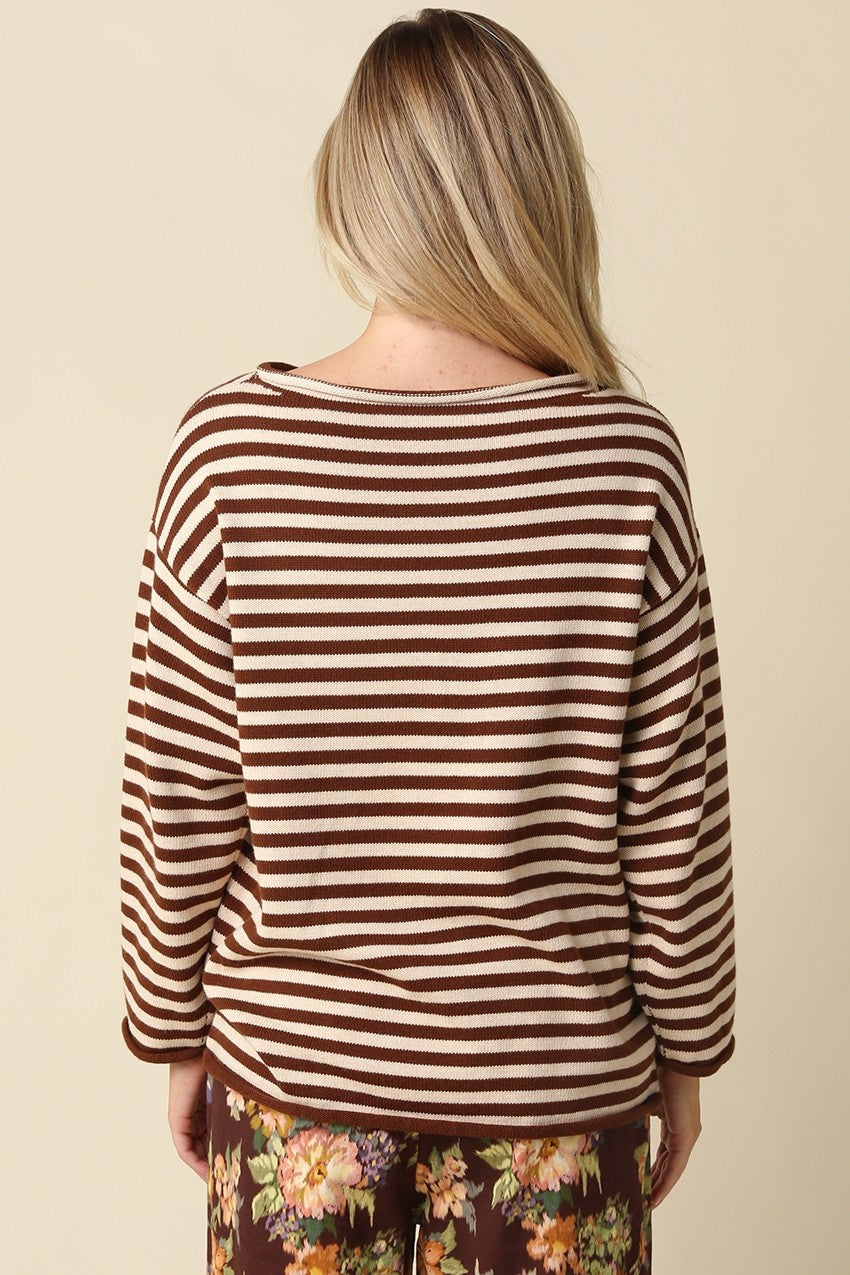 Boatneck Stripe Sweater | Taupe + Brown
