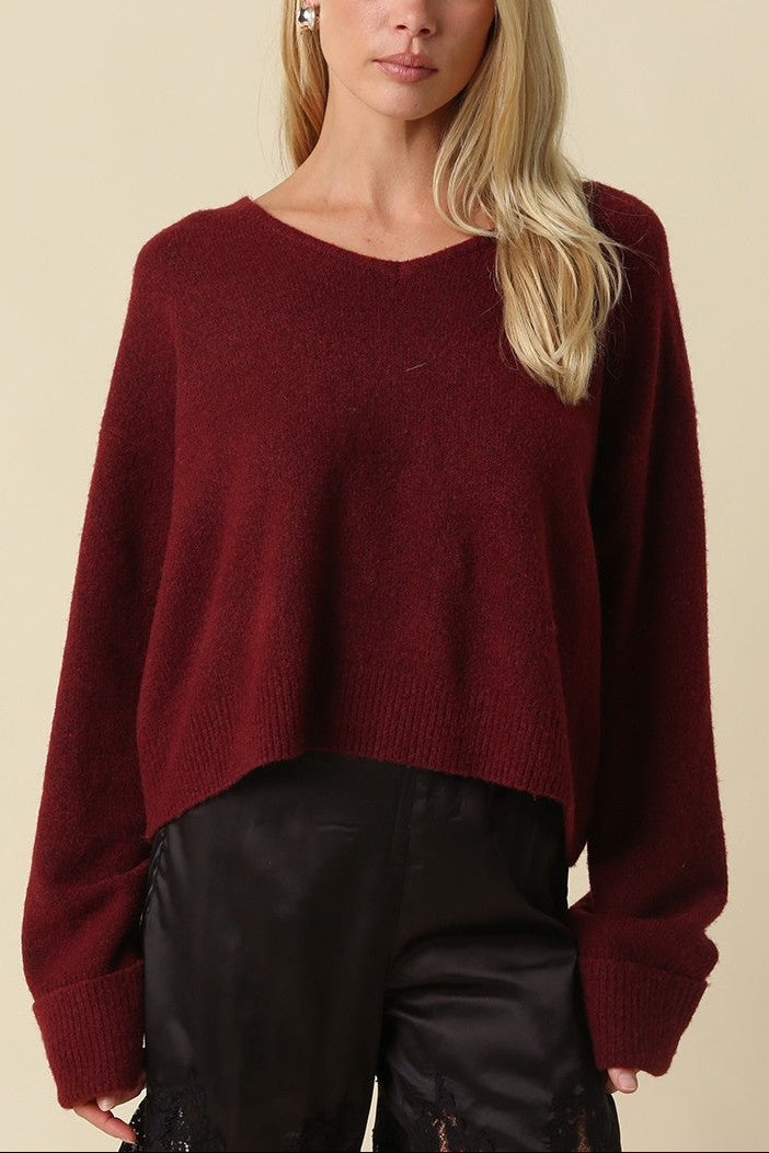 Cropped V Neck Sweater | Dark Red