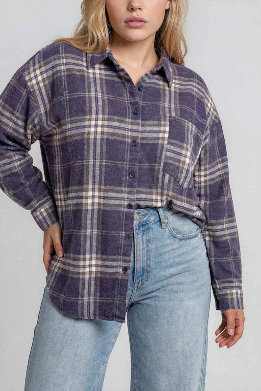 Boxy Plaid Button Up | Navy | Extended