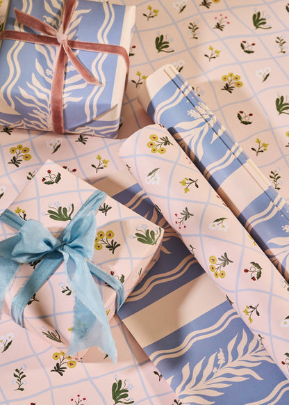 Floral Trellis and Blue Vine Stripe Double Sided Gift Wrap | Roll of 3 Sheets