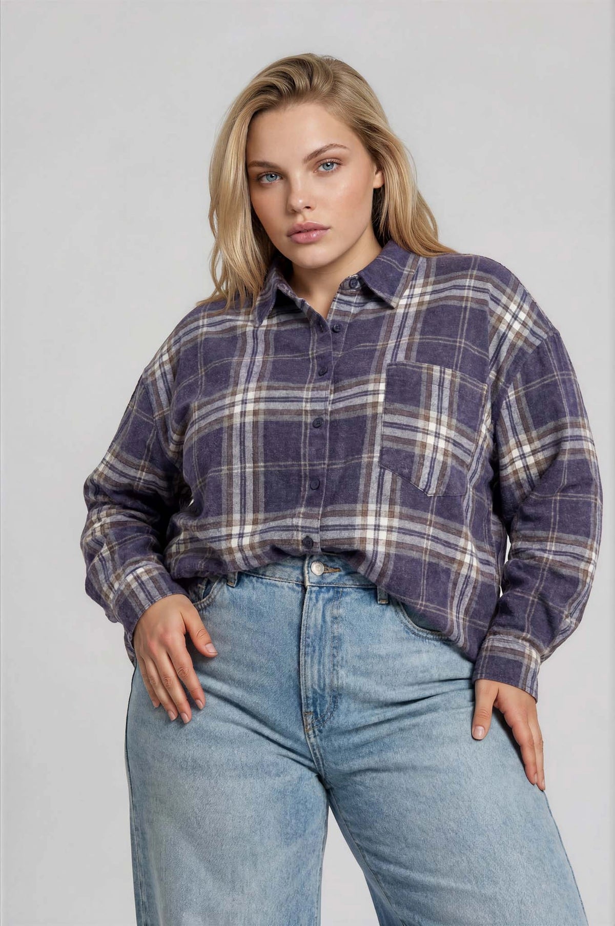 Boxy Plaid Button Up | Navy | Extended