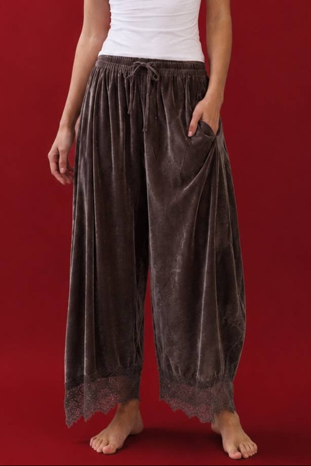Billie Lace-Trim Velvet Tapered Pants | Dark Mocha