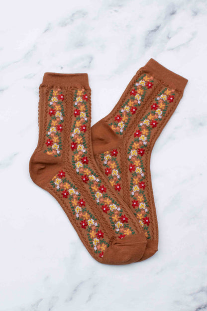 Floral Vine Crew Socks | Rust