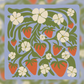 Decorative card with strawberry and floral pattern on a blue background, surrounded by a strawberry and flower pattern.